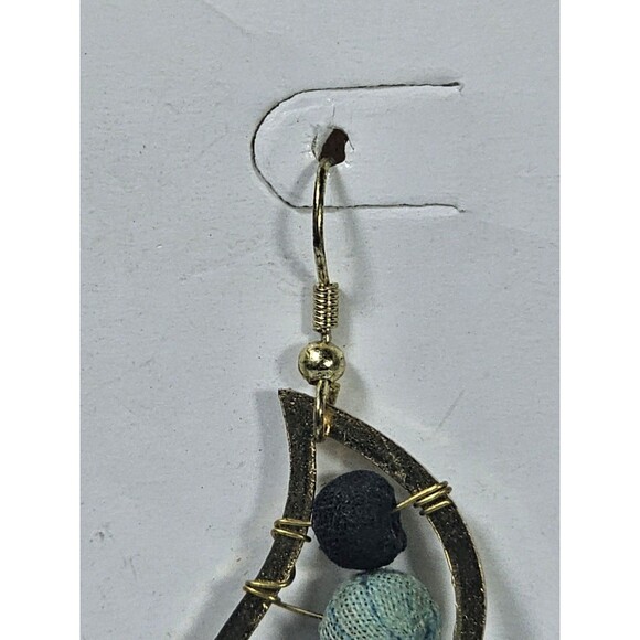 Handmade Boho Dangle Earrings Gold Tone Wire Wrapped Leaf Frame with Fabric Ball - Picture 7 of 10